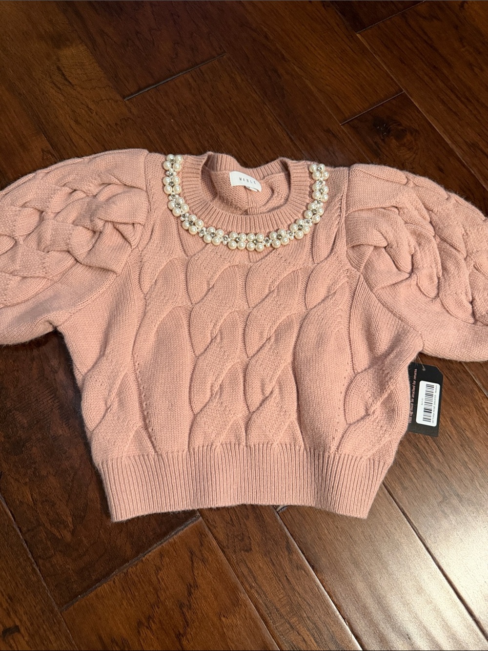Pearl-Embellished Cable Knit Crewneck Sweater - Pink